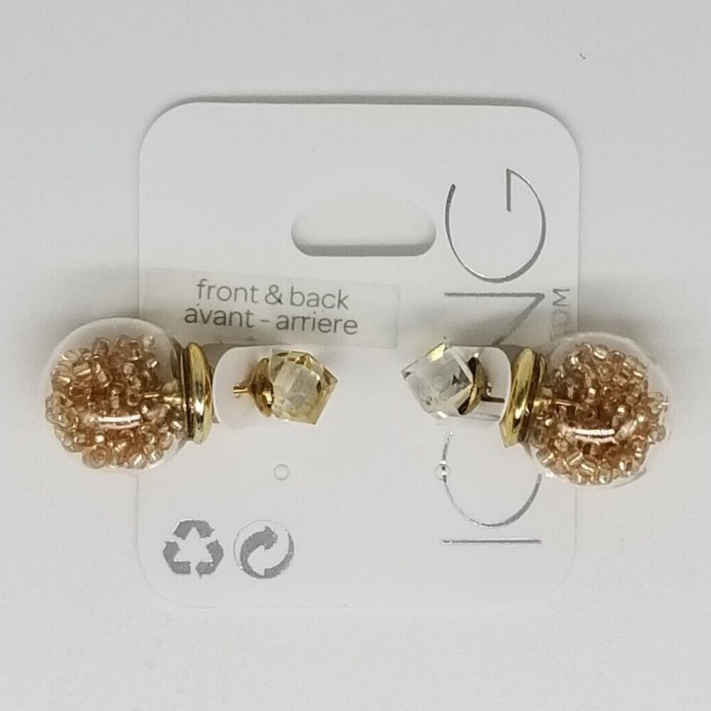 Gold Bead Snowglobe Earring With Clear Cut Prism Studded Backing Reversible